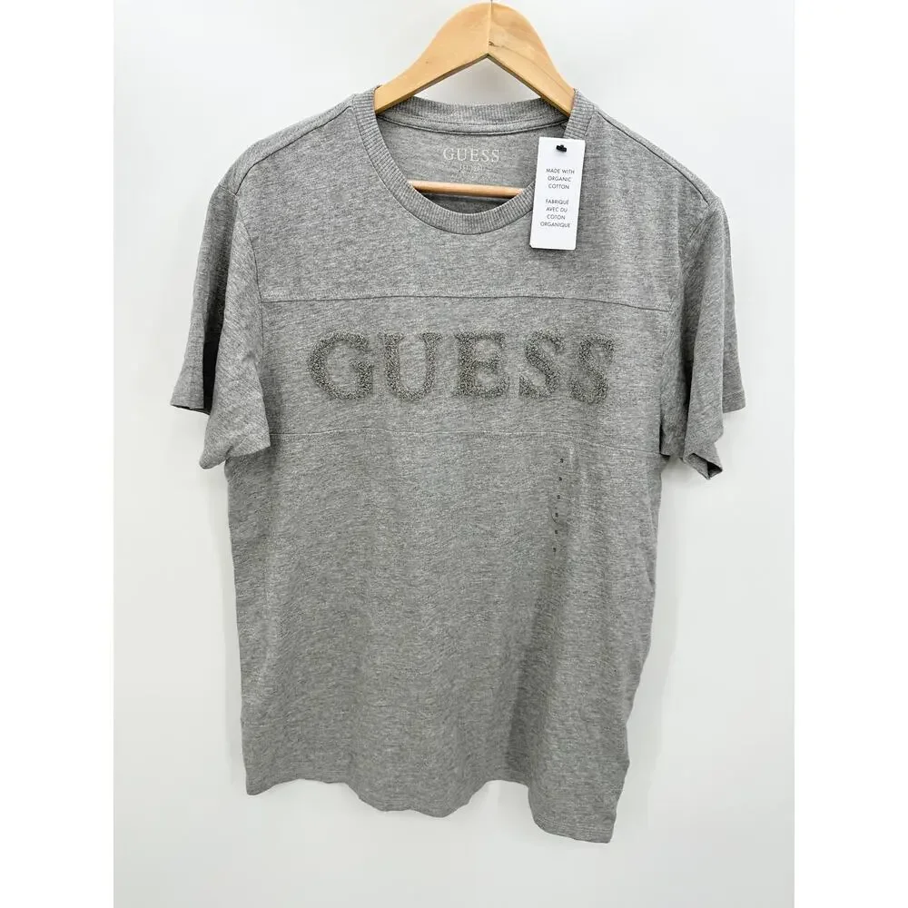 Guess Chenille Script Marble Heather Grey Short Sleeve Shirt Men's Size Small S - Picture 7 of 7
